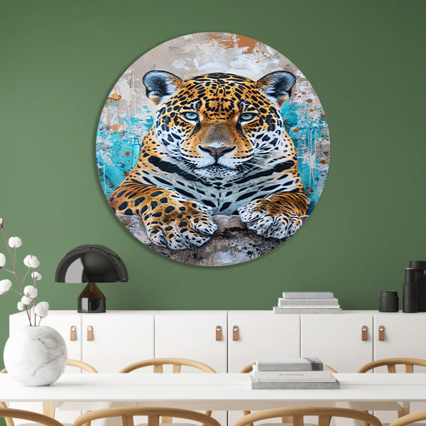 Surrealistisch schilderij van een jaguar met kleurrijke achtergrond forex muurcirkel