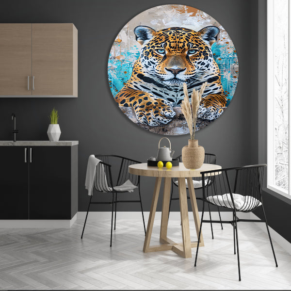 Surrealistisch schilderij van een jaguar met kleurrijke achtergrond forex muurcirkel
