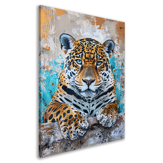 Surrealistisch schilderij van een jaguar met kleurrijke achtergrond canvas