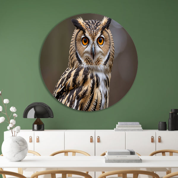 Realistische close-up van een uil aluminium muurcirkel