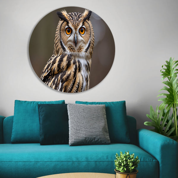 Realistische close-up van een uil aluminium muurcirkel