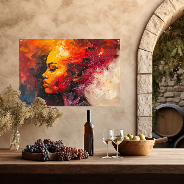 Expressieve abstracte vrouw in warme tinten tuinposter