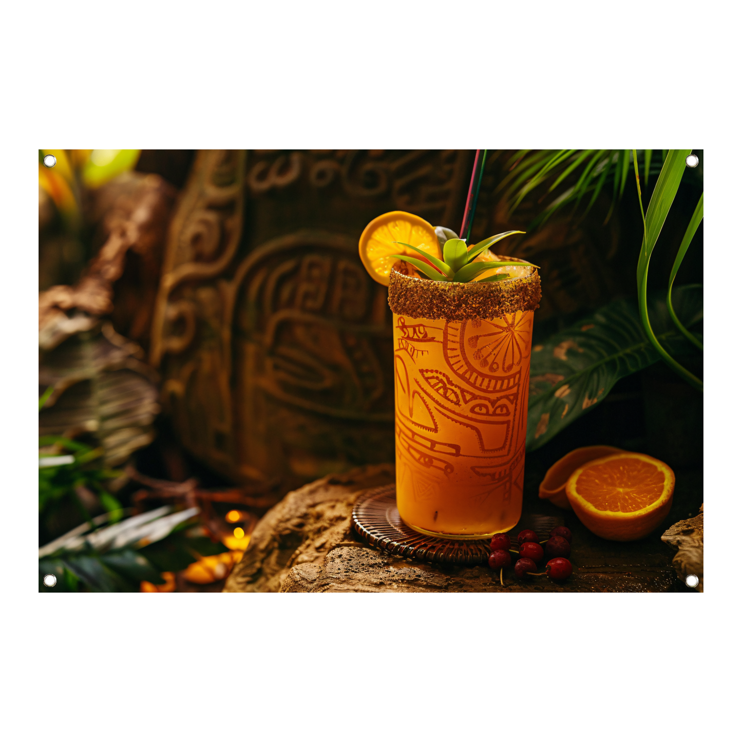 Glas sinaasappelsap op rots tuinposter