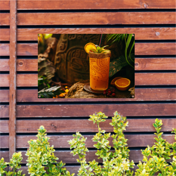 Glas sinaasappelsap op rots tuinposter