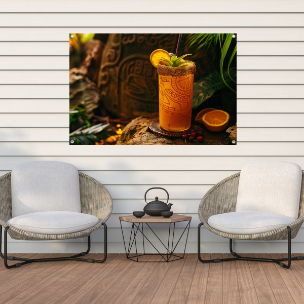 Glas sinaasappelsap op rots tuinposter