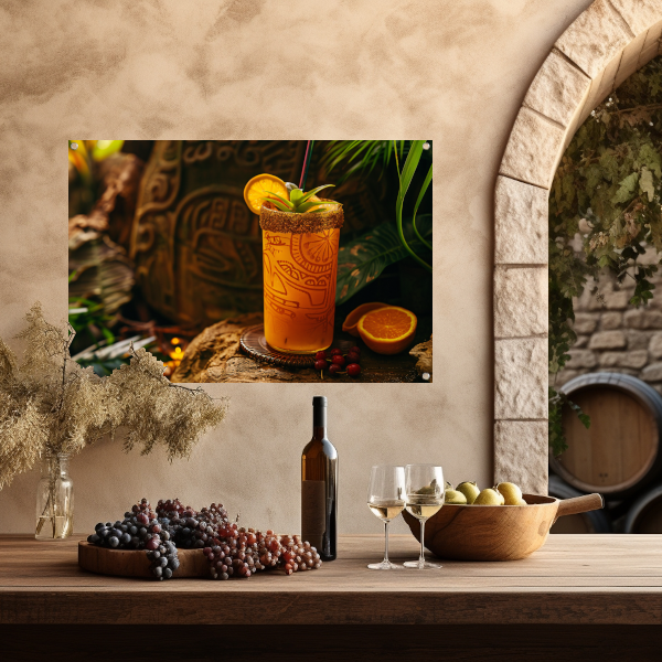Glas sinaasappelsap op rots tuinposter