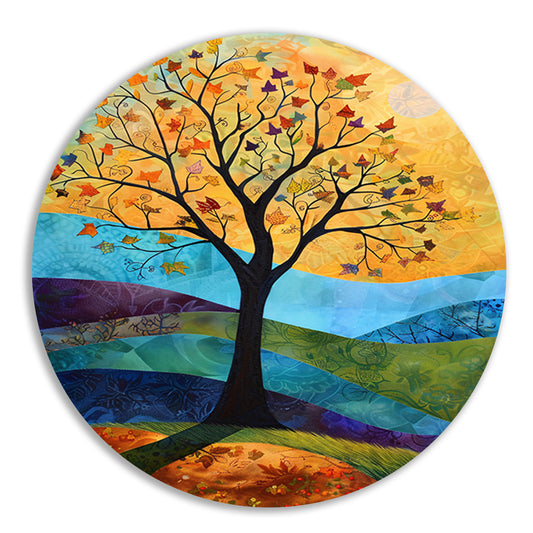Surrealistisch herfstlandschap met kleurrijke boom aluminium muurcirkel