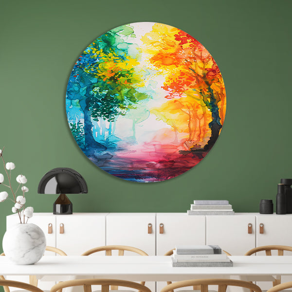 Kleurrijke abstracte aquarel van zomerse bomen aluminium muurcirkel