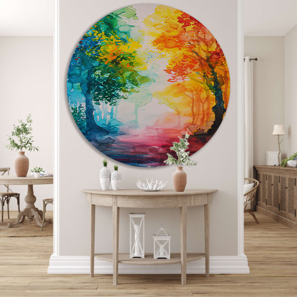 Kleurrijke abstracte aquarel van zomerse bomen aluminium muurcirkel