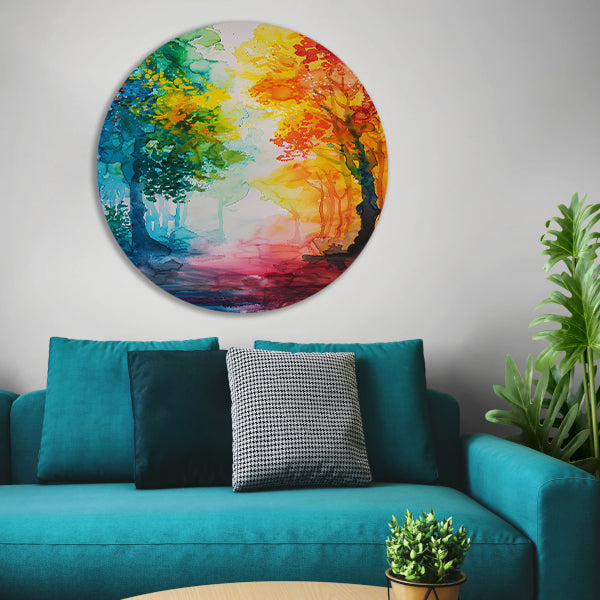 Kleurrijke abstracte aquarel van zomerse bomen forex muurcirkel