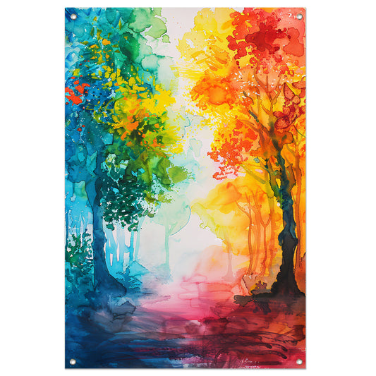 Kleurrijke abstracte aquarel van zomerse bomen tuinposter