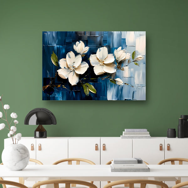 Abstracte witte bloemen op blauwe achtergrond canvas