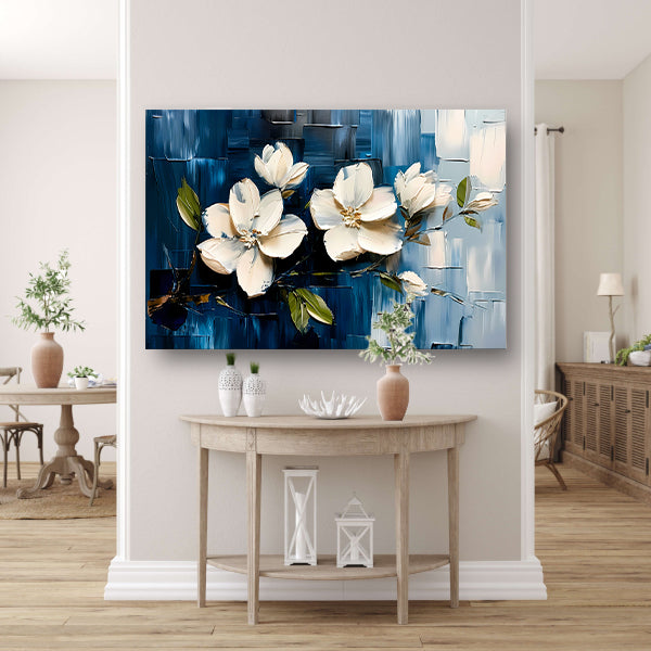 Abstracte witte bloemen op blauwe achtergrond canvas