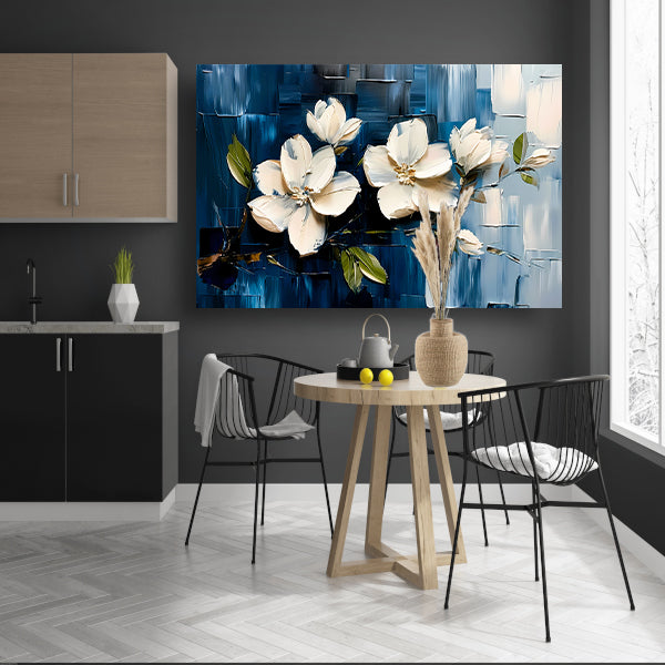 Abstracte witte bloemen op blauwe achtergrond canvas