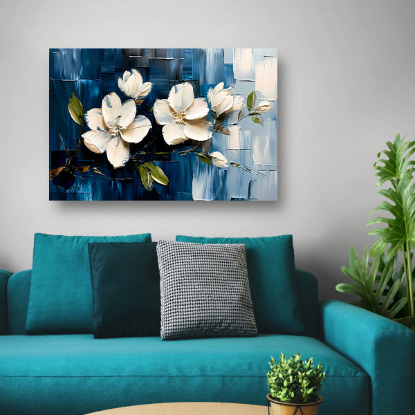 Abstracte witte bloemen op blauwe achtergrond canvas