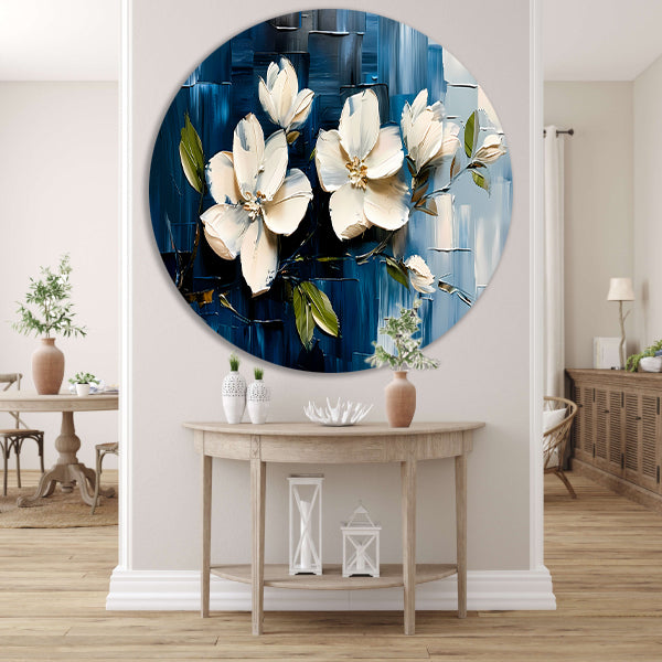 Abstracte witte bloemen op blauwe achtergrond forex muurcirkel