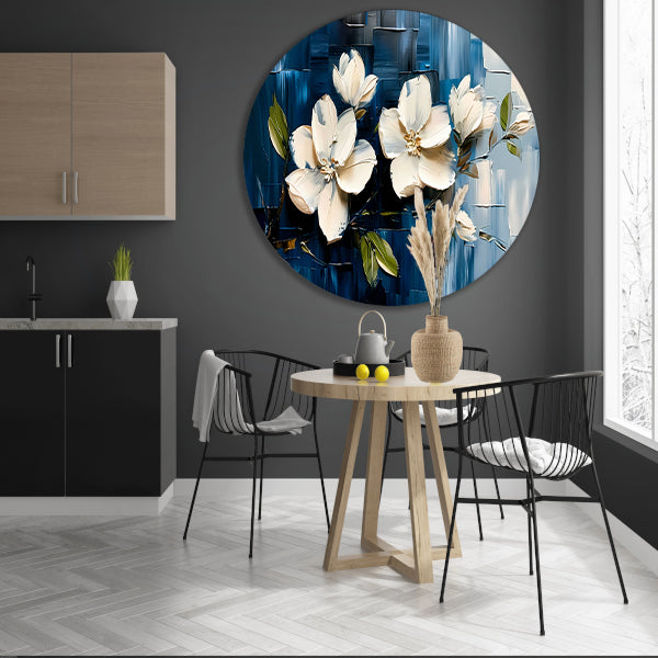 Abstracte witte bloemen op blauwe achtergrond forex muurcirkel