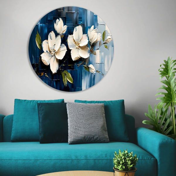 Abstracte witte bloemen op blauwe achtergrond forex muurcirkel