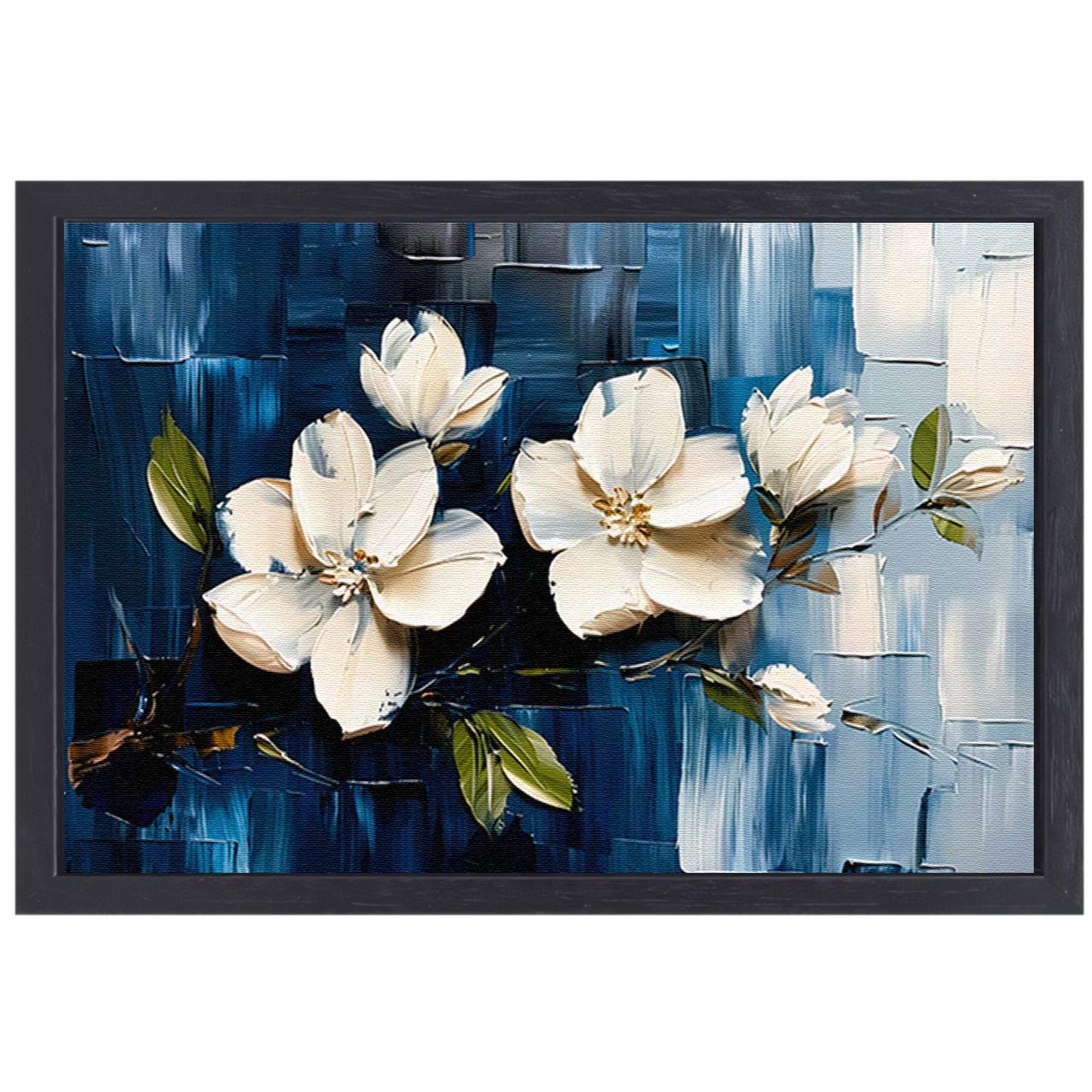 Abstracte witte bloemen op blauwe achtergrond canvas met baklijst