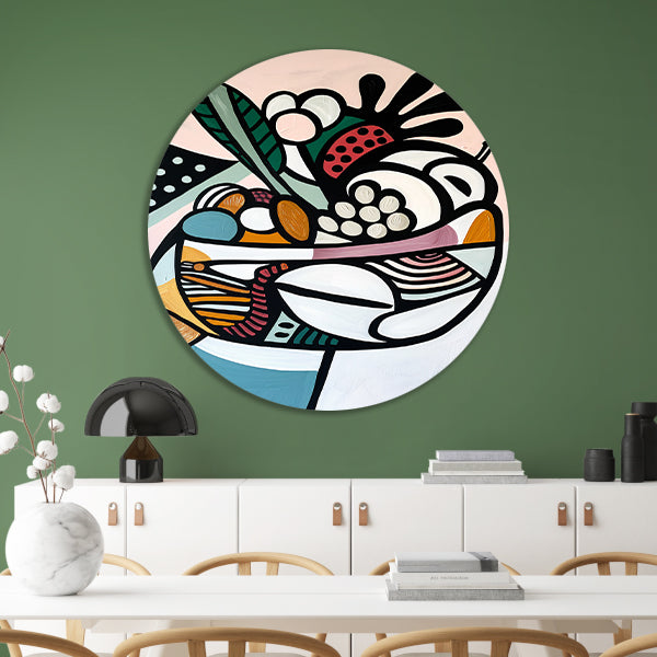 Kleurrijk kubistisch schilderij van fruit aluminium muurcirkel