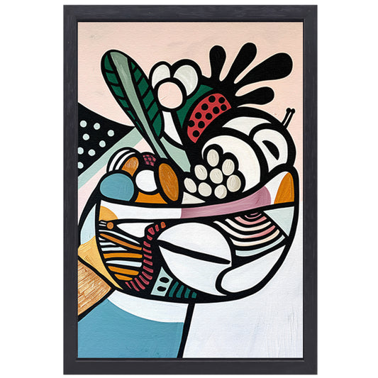 Kleurrijk kubistisch schilderij van fruit canvas met baklijst