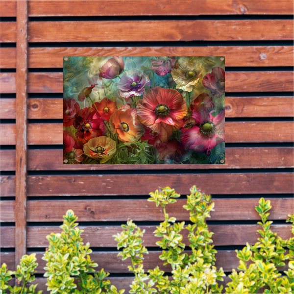 Kleurrijke abstracte impressie van diverse bloemen tuinposter