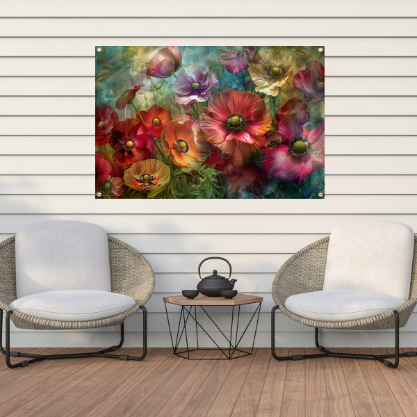 Kleurrijke abstracte impressie van diverse bloemen tuinposter