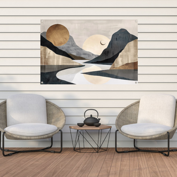 Meanderende Rivier Tussen Monochrome Bergen tuinposter