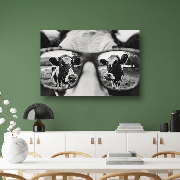 Reflectie van een nieuwsgierige koe in een bril acrylglas