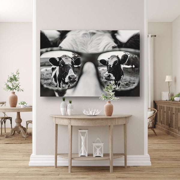 Reflectie van een nieuwsgierige koe in een bril acrylglas