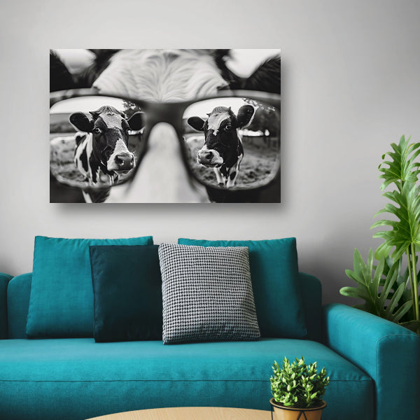 Reflectie van een nieuwsgierige koe in een bril acrylglas