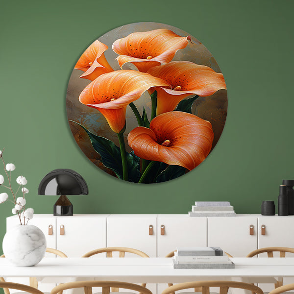 Elegante Oranje Calla Lelies op Schilderij forex muurcirkel
