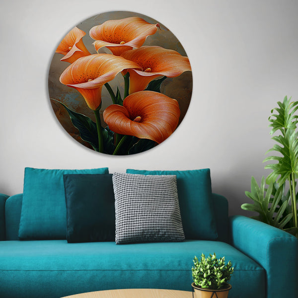 Elegante Oranje Calla Lelies op Schilderij forex muurcirkel