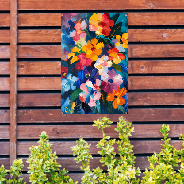 Explosie van kleuren in abstract bloemenschilderij tuinposter