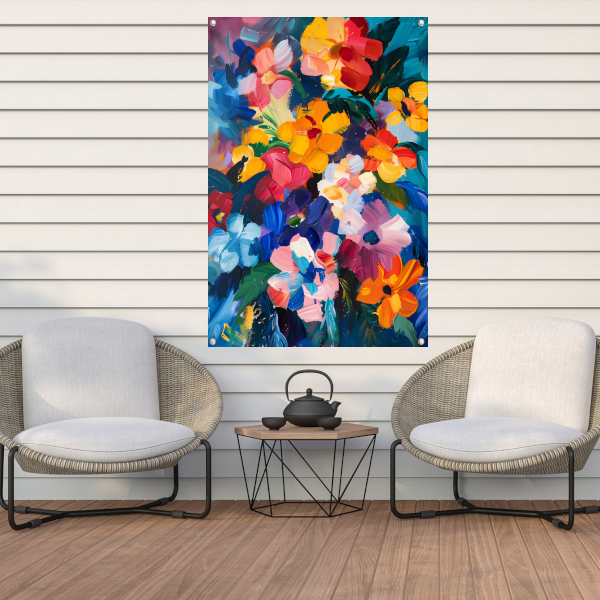 Explosie van kleuren in abstract bloemenschilderij tuinposter