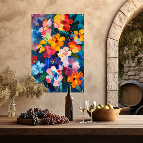 Explosie van kleuren in abstract bloemenschilderij tuinposter