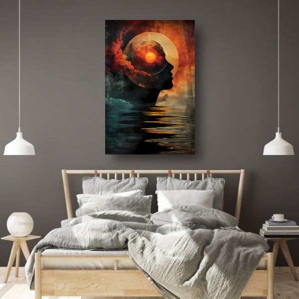 Silhouet met kosmisch landschap in hoofd canvas