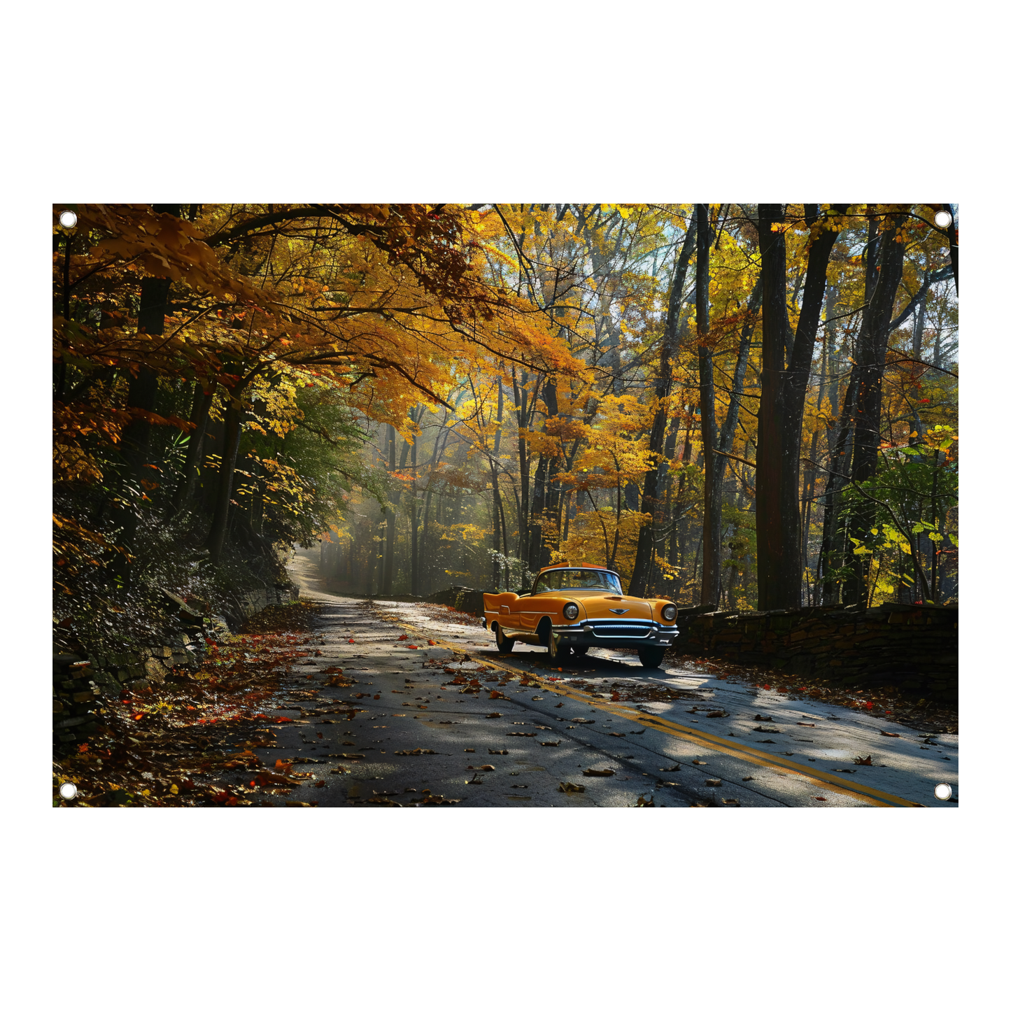 Gele auto in boslandschap tuinposter
