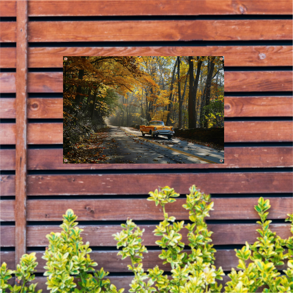 Gele auto in boslandschap tuinposter