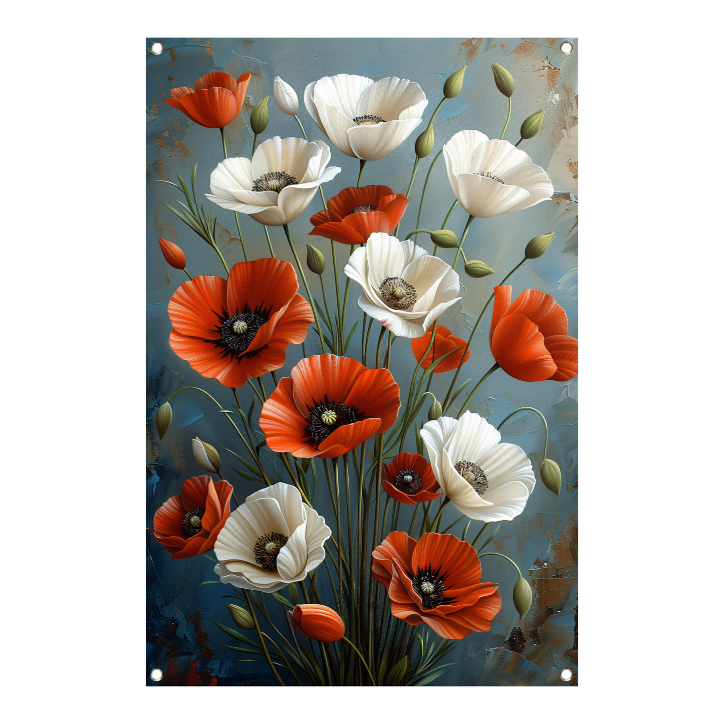 Rode en Witte Bloemen op Blauwe Achtergrond Schilderij tuinposter