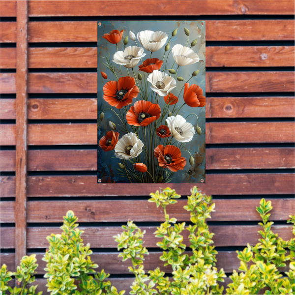 Rode en Witte Bloemen op Blauwe Achtergrond Schilderij tuinposter