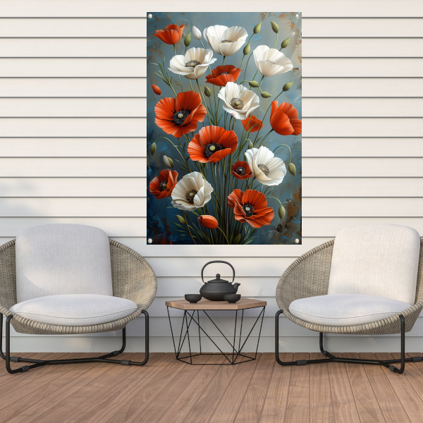 Rode en Witte Bloemen op Blauwe Achtergrond Schilderij tuinposter