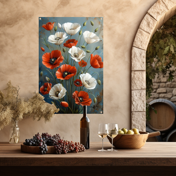 Rode en Witte Bloemen op Blauwe Achtergrond Schilderij tuinposter