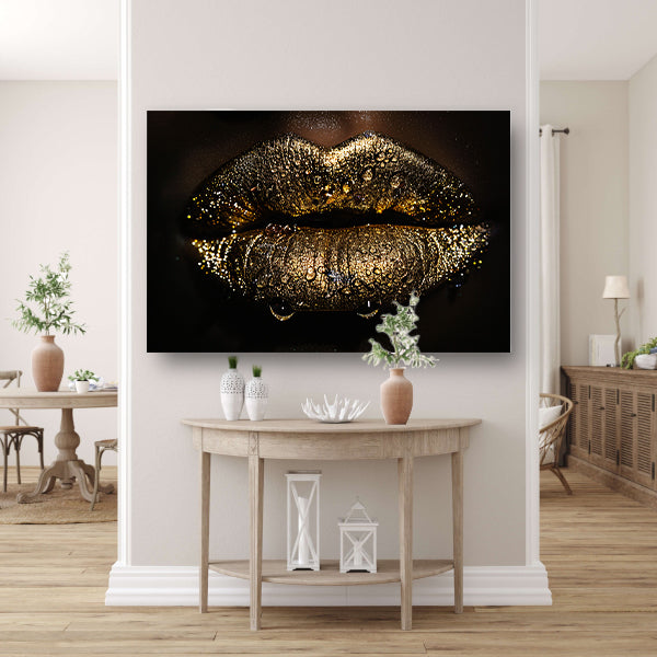 Betoverende gouden glitter lippen met waterdruppels acrylglas