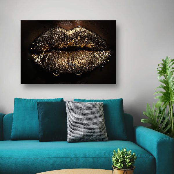 Betoverende gouden glitter lippen met waterdruppels acrylglas