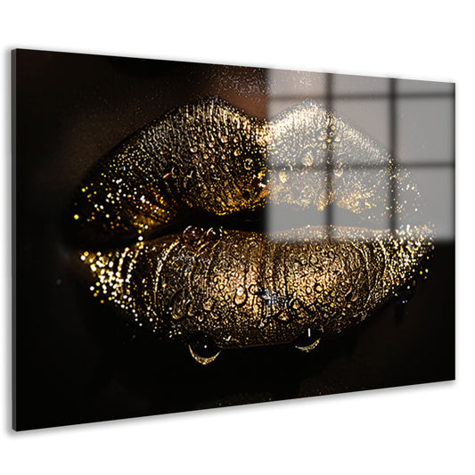 Betoverende gouden glitter lippen met waterdruppels acrylglas