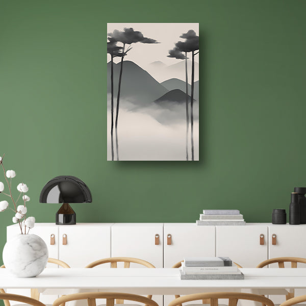 Minimalistisch landschap met mistige bergen canvas