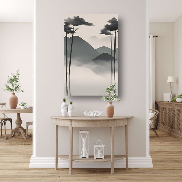 Minimalistisch landschap met mistige bergen canvas