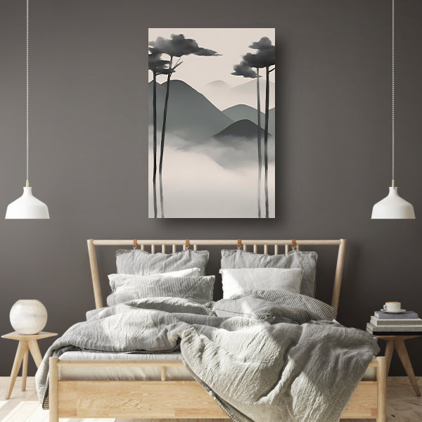 Minimalistisch landschap met mistige bergen canvas