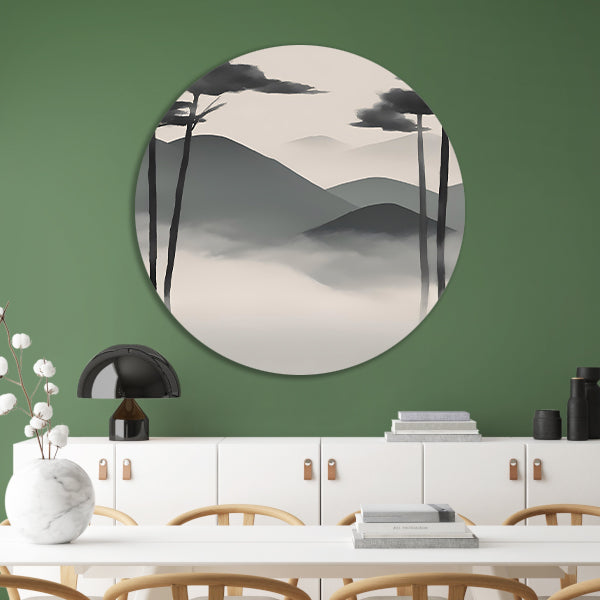Minimalistisch landschap met mistige bergen aluminium muurcirkel